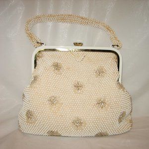 Vintage  LUMURED Corde Bead Satchel Purse ~ White